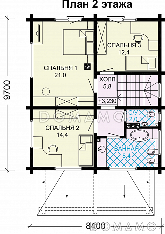 Проект двухэтажного дома из бруса с 4 спальнями и крыльцом-террасой / План 2 этажа
