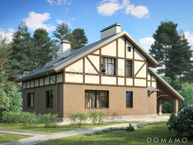 Проект дома из панелей SIP в стиле фахверк с двусветной гостиной и навесом для машины