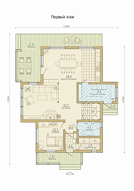 Проект современного каркасного дома с двумя террасами / План 1 этажа