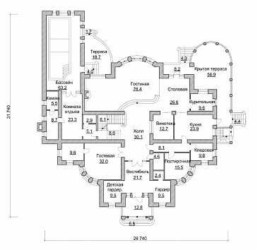 Проект особняка с бассейном / План 1 этажа