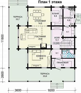 Проект двухэтажного дома из бруса с масштабной крытой террасой / План 1 этажа