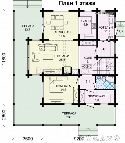 Проект двухэтажного дома из бруса с масштабной крытой террасой / План 1 этажа