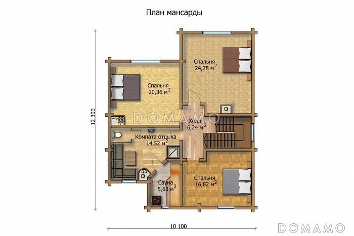 Проект деревянного дома с большими и просторными комнатами / План мансардного этажа