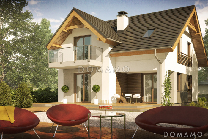 Проект небольшого одноэтажного дома из кирпича с тремя спальнями на мансардном этаже и балконом