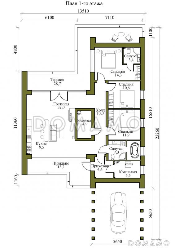 Проект одноэтажного газобетонного дома в стиле хай-тек с "живым" навесом / План 1 этажа