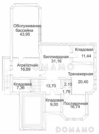 Проект дома из кирпича с сауной и пристроенным бассейном / План цокольного этажа
