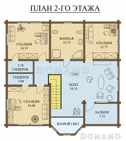 Проект дома из оцилиндрованного бревна с экером и вторым светом / План 2 этажа