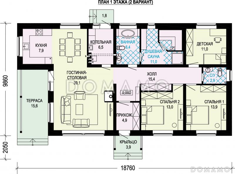 Проект одноэтажного кирпичного дома с тремя спальнями и сауной / План 1 этажа