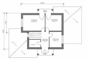 Проект дома с использованием трёх видов отелочных материалов, с навесом для автомобиля и террасой / План мансардного этажа