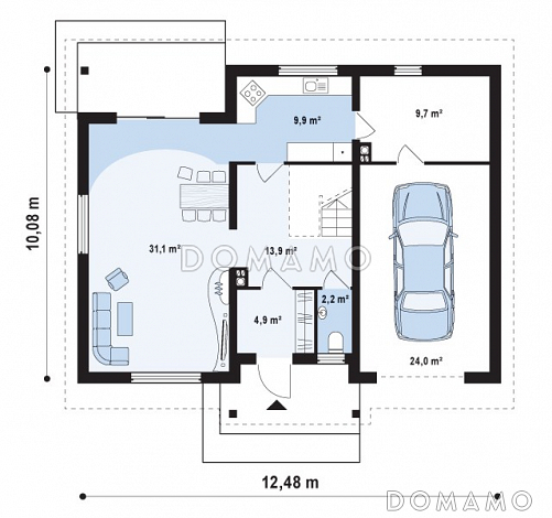 Проект классического мансардного дома из кирпича со встроенным гаражом / План 1 этажа