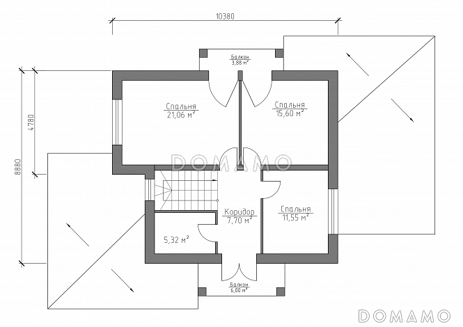 Проект дома с использованием трёх видов отелочных материалов, с навесом для автомобиля и террасой / План мансардного этажа