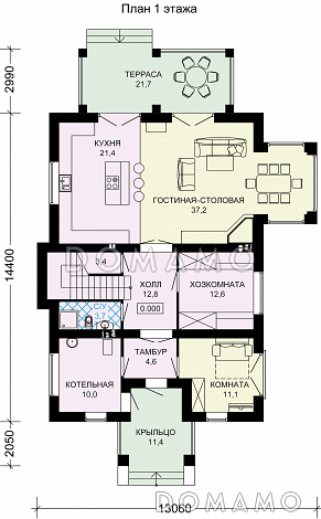 Проект двухэтажного дома из пеноблоков с выходом на террасу из просторной гостиной / План 1 этажа