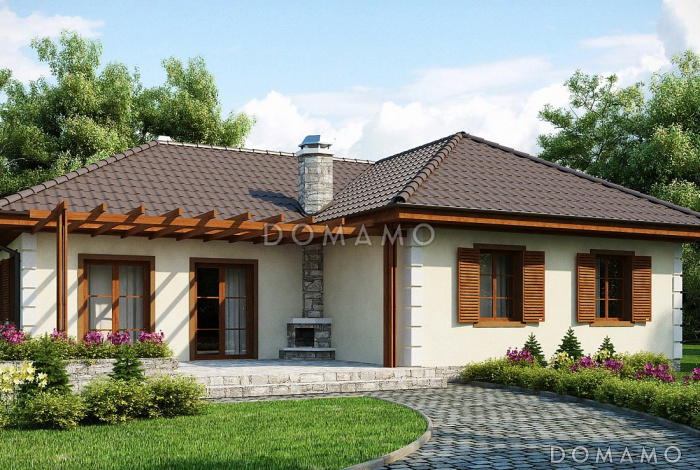 Проект одноэтажного дома из кирпича с тремя спальнями и барбекю на террасе