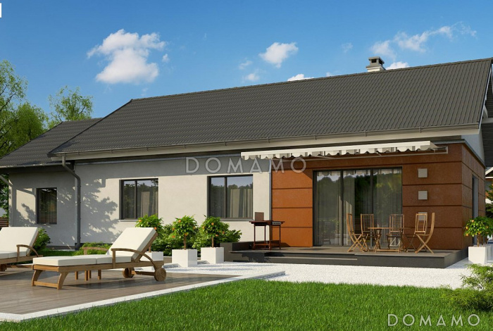 Проект классического одноэтажного дома из газобетона с тремя спальнями, светлой гостиной и гаражом