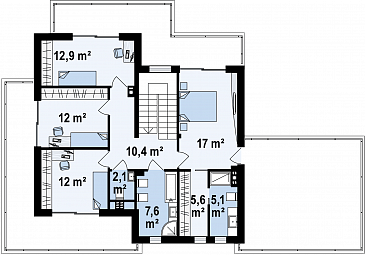 Проект современного двухэтажного дома из кирпича с пятью спальнями, с гаражом для двух автомобилей и террасами на обоих уровнях / План 2 этажа