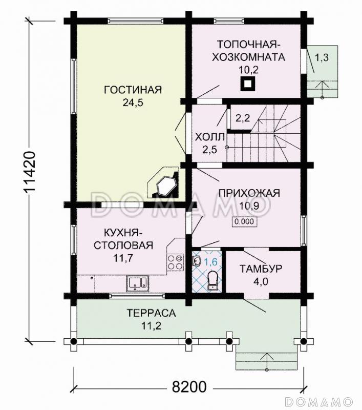 Проект деревянного дома с удобствами, просторной гостиной и тремя спальными комнатами / План 1 этажа