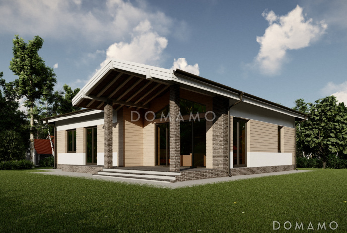 Проект одноэтажного дома с тремя спальнями, гардеробной, сауной и террасой