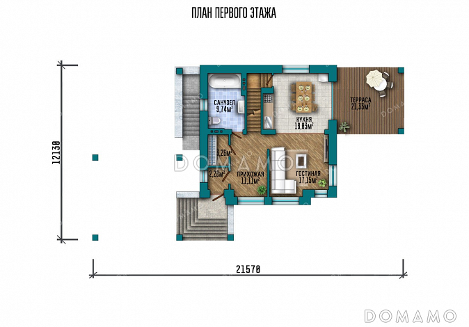 Проект одноэтажного дома с мансардой, большой террасой и навесом на два автомобиля / План 1 этажа