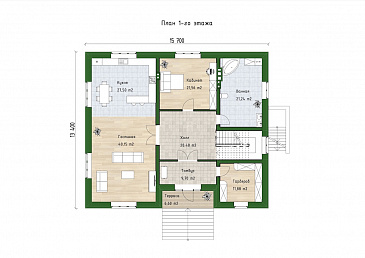 Проект трехуровневого дома с 3 спальнями, балконом и большим подвалом / План 1 этажа