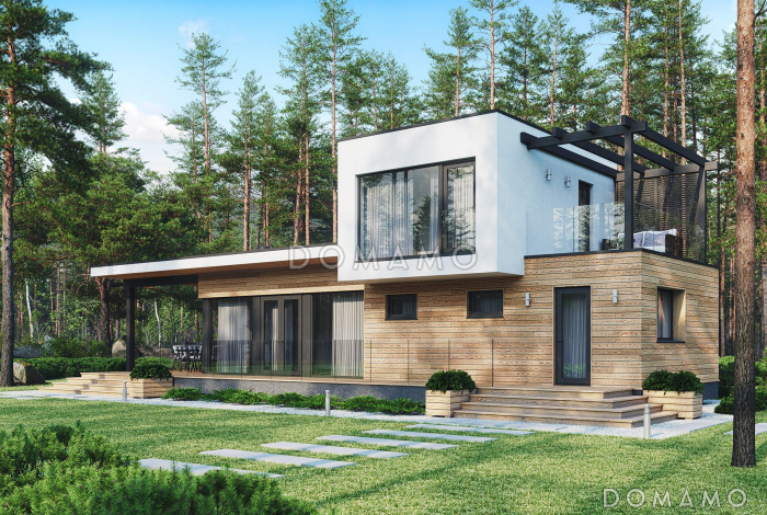 Проект дома с одной спальней на втором этаже, парной, душевой и крытой террасой с барбекю