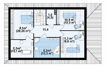 Проект большого одноэтажного дома с мансардным этажом из газобетона с пятью спальнями, с современными фасадами / План мансардного этажа