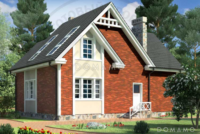 Проект одноэтажного дома с длинной крытой террасой, просторной гостиной и комнатой на первом этаже и тремя спальнями на мансардном этаже