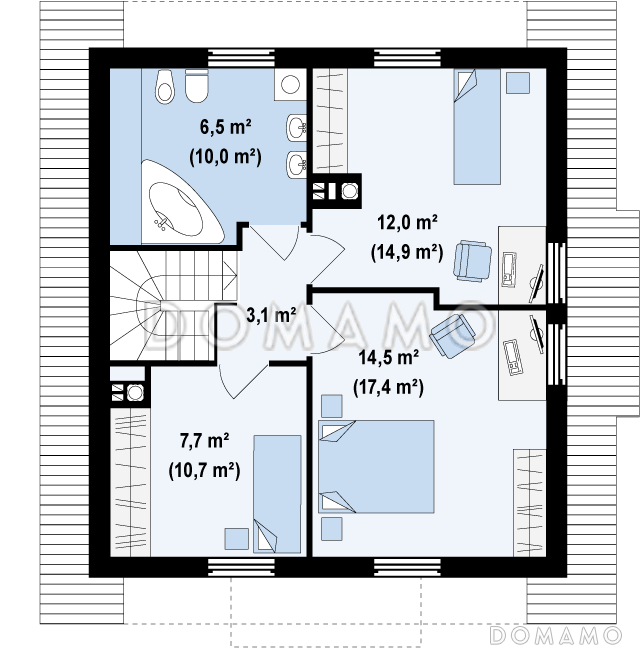 Проект одноэтажного мансардного дома из газобетона с тремя спальнями и кабинетом / План мансардного этажа