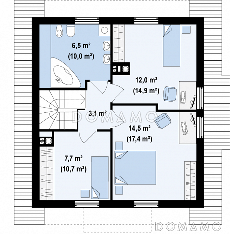 Проект одноэтажного мансардного дома из газобетона с тремя спальнями и кабинетом / План мансардного этажа