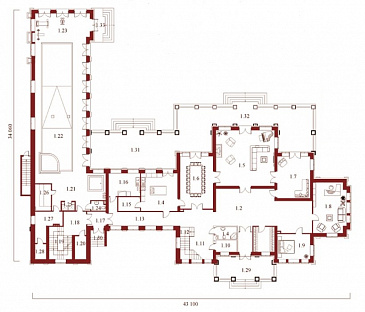 Проект элитного особняка из кирпича с бассейном и сауной на первом этаже / План 1 этажа