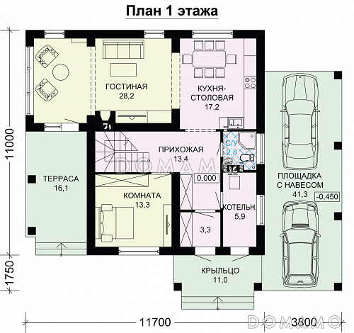 Проект дома из газобетона с большим навесом для авто / План 1 этажа