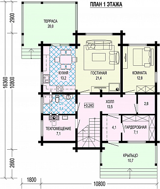 Проект двухэтажного деревянного дома с мастер-спальней и крытой террасой / План 1 этажа
