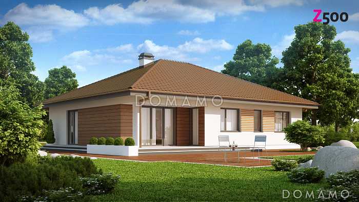 Проект одноэтажного дома из газобетона с большим гаражом и техническим помещением и частично крытой угловой террасой