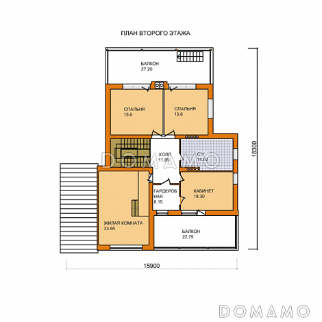 Проект дома из кирпича с экономичной двускатной крышей и навесом для автомобиля / План мансардного этажа