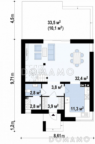 Проект небольшого одноэтажного мансардного дома из газобетона с изолированной кухней и открытой террасой  / План 1 этажа