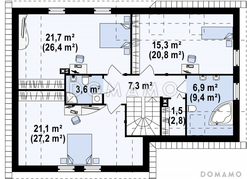 Проект одноэтажного дома из кирпича с угловой мансардой и встроенным гаражом / План мансардного этажа