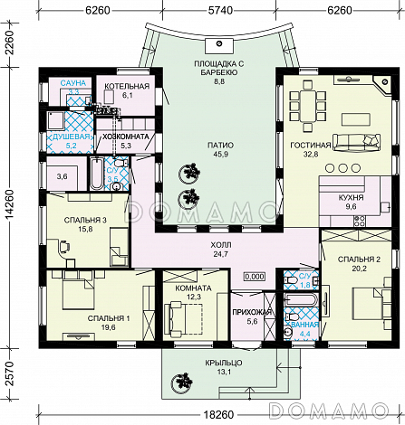 Проект дома из газобетона с внутренним двором / План 1 этажа