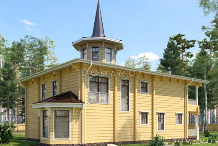 Проект дома из клееного бруса с тремя спальнями с французскими балконами, бильярдной и кладовой