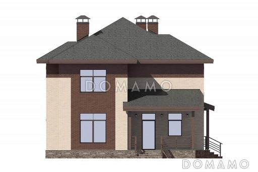 Проект дома с небольшой крытой террасой, эркерами, гостевой на первом этаже, кладовой под лестницей, кабинетом / Фасад 2