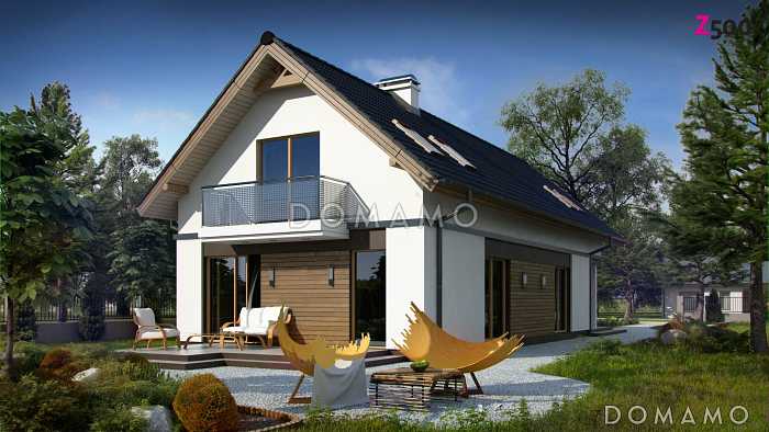 Проект одноэтажного мансардного дома из кирпича с гаражом на два автомобиля и террасой над гаражом