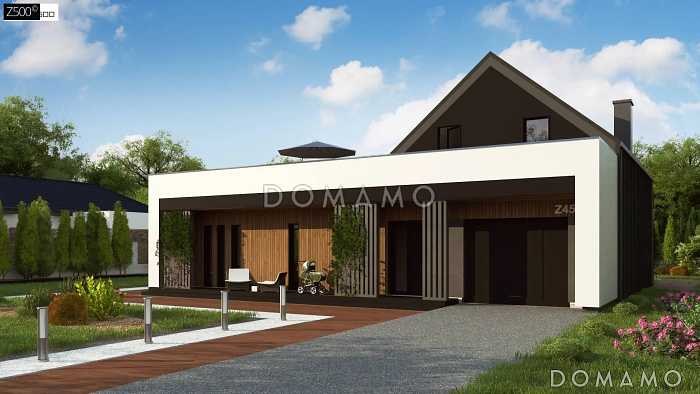 Проект дома с большой террасой на мансардном этаже и гаражом