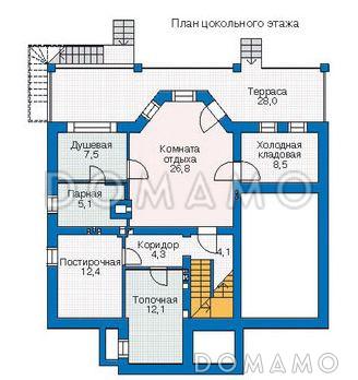 Проект комфортабельного дома с цокольным этажом, просторной террасой, гаражом для одной машины / План цокольного этажа