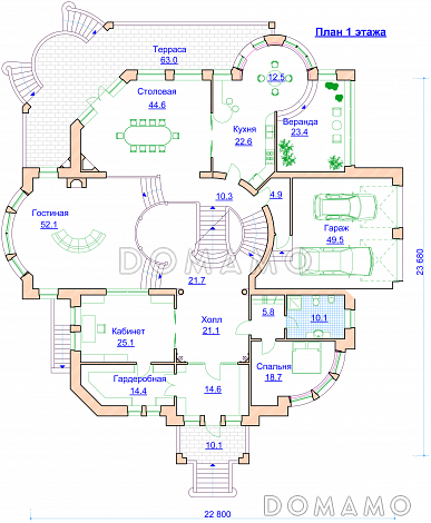 Проект романтичного коттеджа с гаражом и башенкой / План 1 этажа