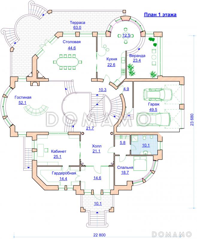 Проект романтичного коттеджа с гаражом и башенкой / План 1 этажа