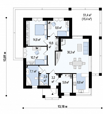 Проект современного одноэтажного дома из газобетона с плоской крышей с тремя спальнями и частично крытой террасой / План 1 этажа