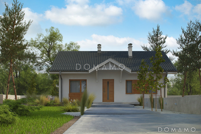 Проект простого компактного одноэтажного дома из кирпича с открытой террасой