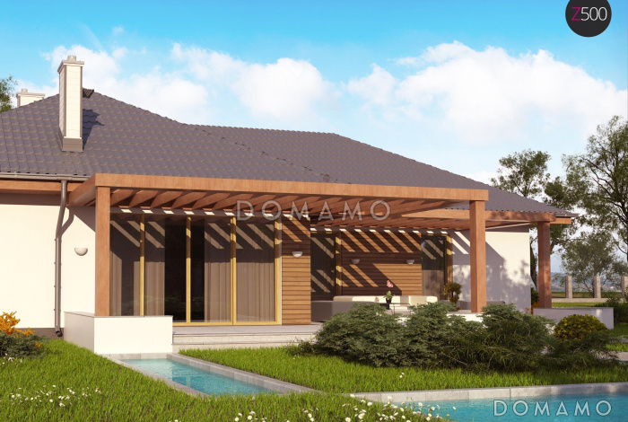 Проект одноэтажного дома из кирпича с просторной гостиной и гаражом на два автомобиля