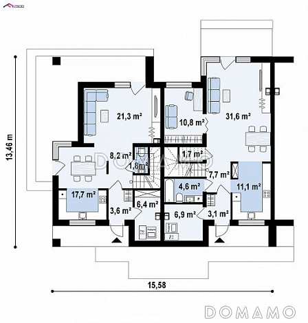 Проект современного комфортного двухэтажного дома из газобетона для двух семей / План 1 этажа