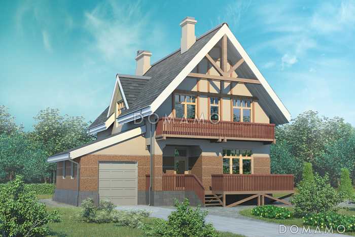 Проект дома с небольшой общей площадью, большой гостиной и гаражом