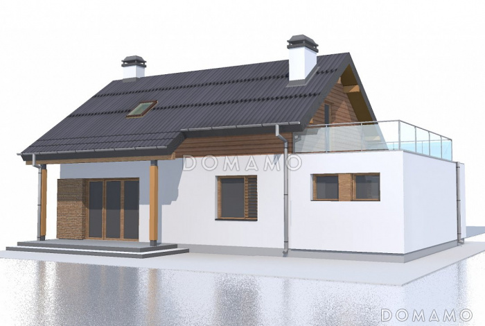 Проект компактного одноэтажного мансардного дома из кирпича с кабинетом, тремя спальнями и открытой террасой над гаражом