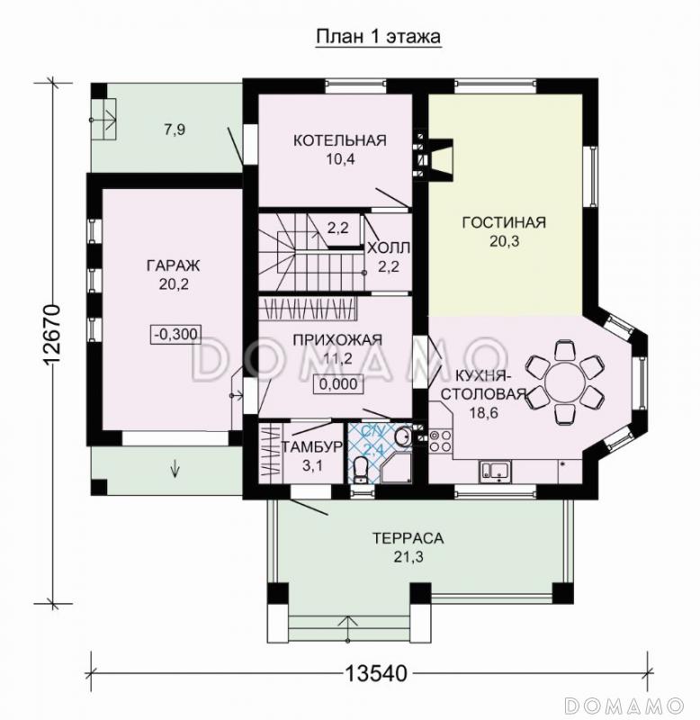 Проект дома из пеноблоков с мансардой, гаражом с подъемными воротами / План 1 этажа